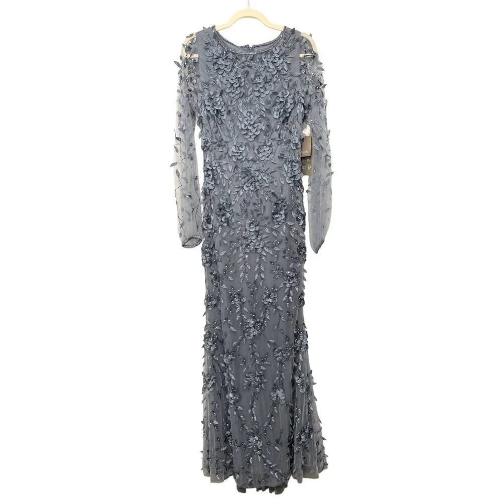 Theia $1295 Floral Mesh Long-Sleeve Gown Blue Formal Evening Dress Size 4 NWT - Picture 6 of 10